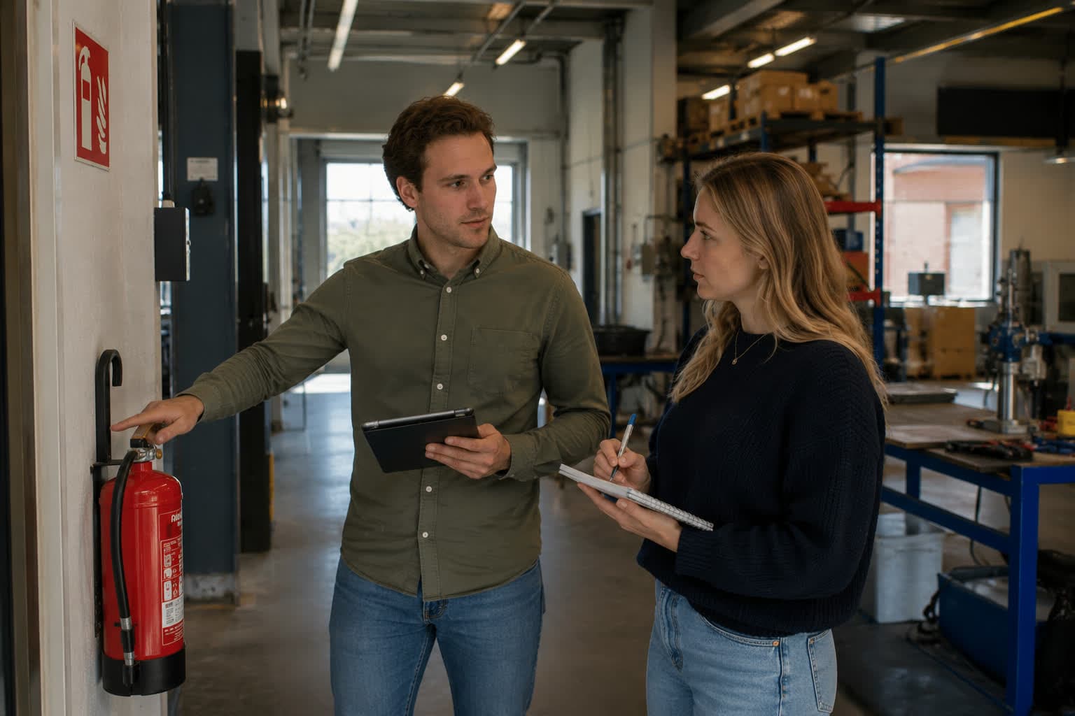 Twee medewerkers lopen een RI&E-inspectieronde door een magazijn
